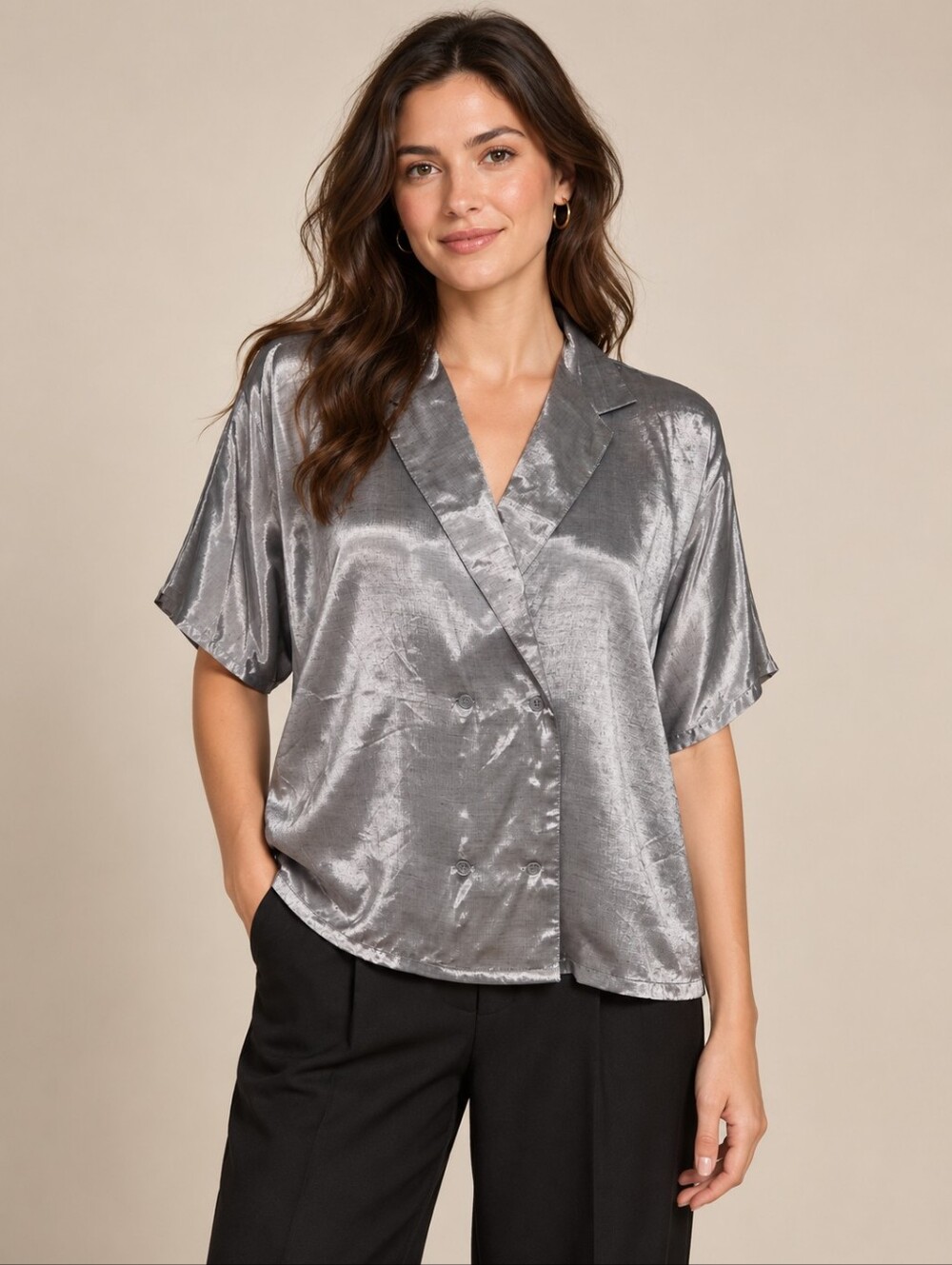 Vintage Shopping International Silver Metallic Double Breasted Blouse M